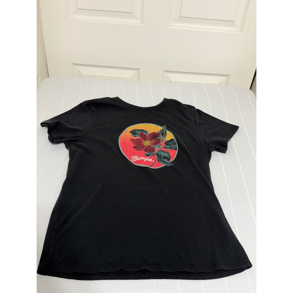 Wrangler Womens Black Graphic T-Shirt Floral Sun Circle Logo Size Medium